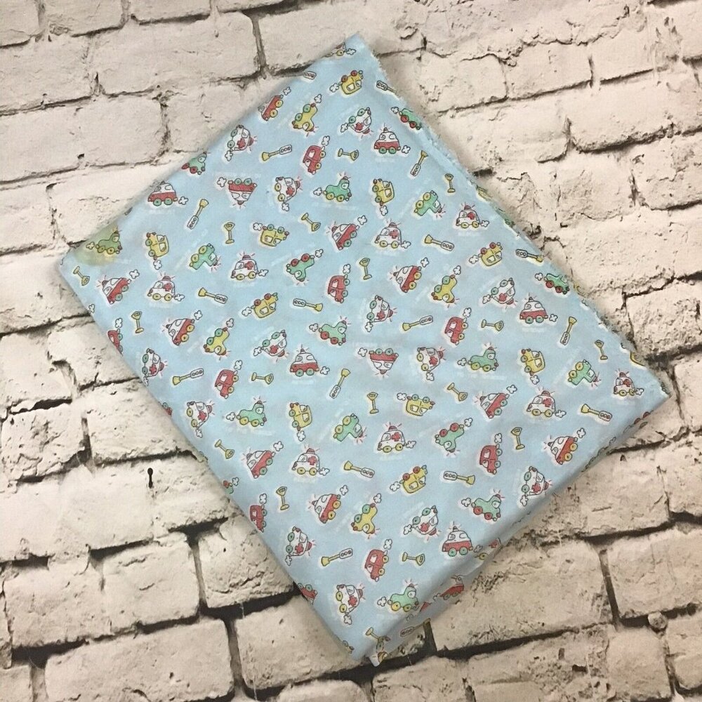 Cartoon Traffic Vehicles Fabric Light Blue Stretch Cotton 64” Wide 4+ Yards Flaw